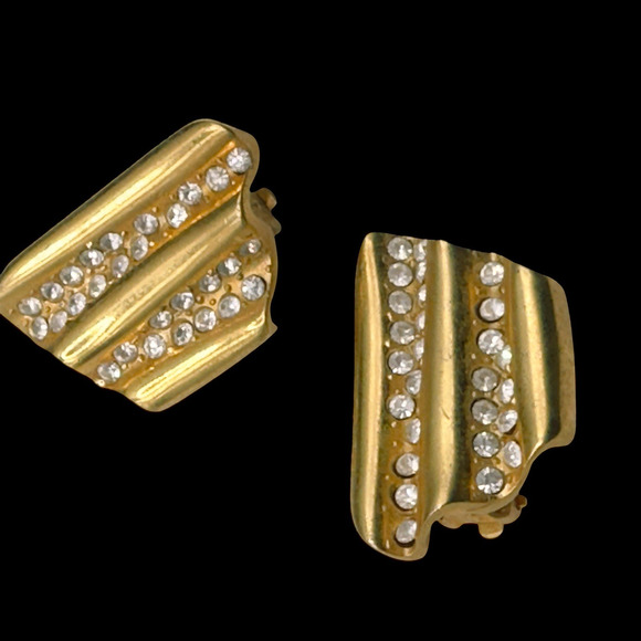 Givenchy Vintage Clip On Earrings Rhinestone Crystal Brushed Gold Chunky 1980s - Picture 1 of 12
